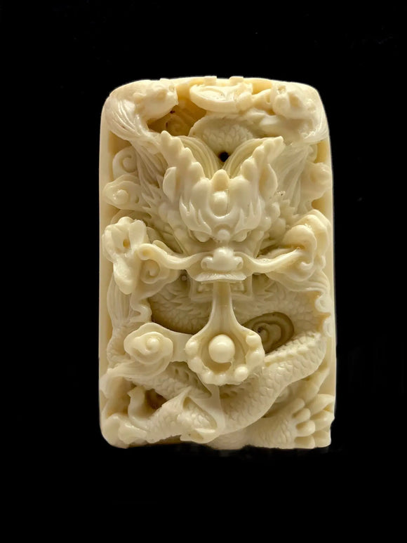 Chinese Dragon (龙) with Flaming Pearl (宝珠)  and Bats (蝙蝠) Antler Carving Tarazed Gems & Jewellery