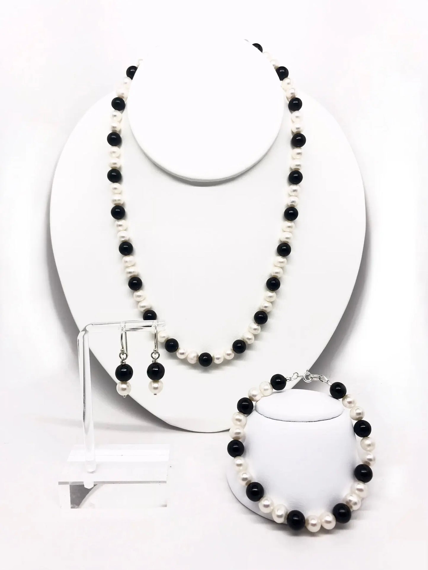 Pearl and Jet Necklace, Bracelet and Earrings Set Tarazed Gems & Jewellery